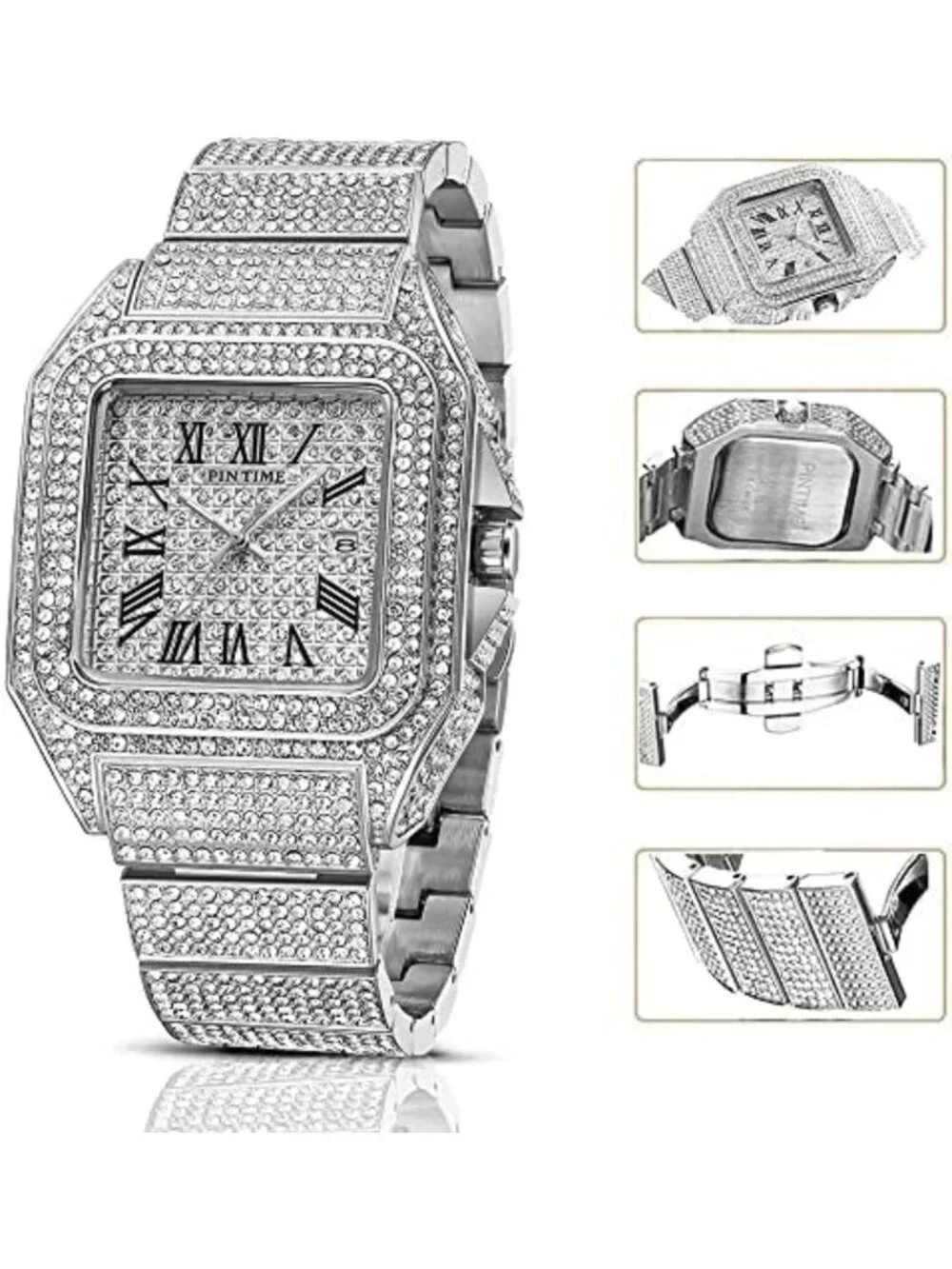 Stylish Hip Hop Men's Bling Crystal Watch - Rectangle Case, Stainless Steel